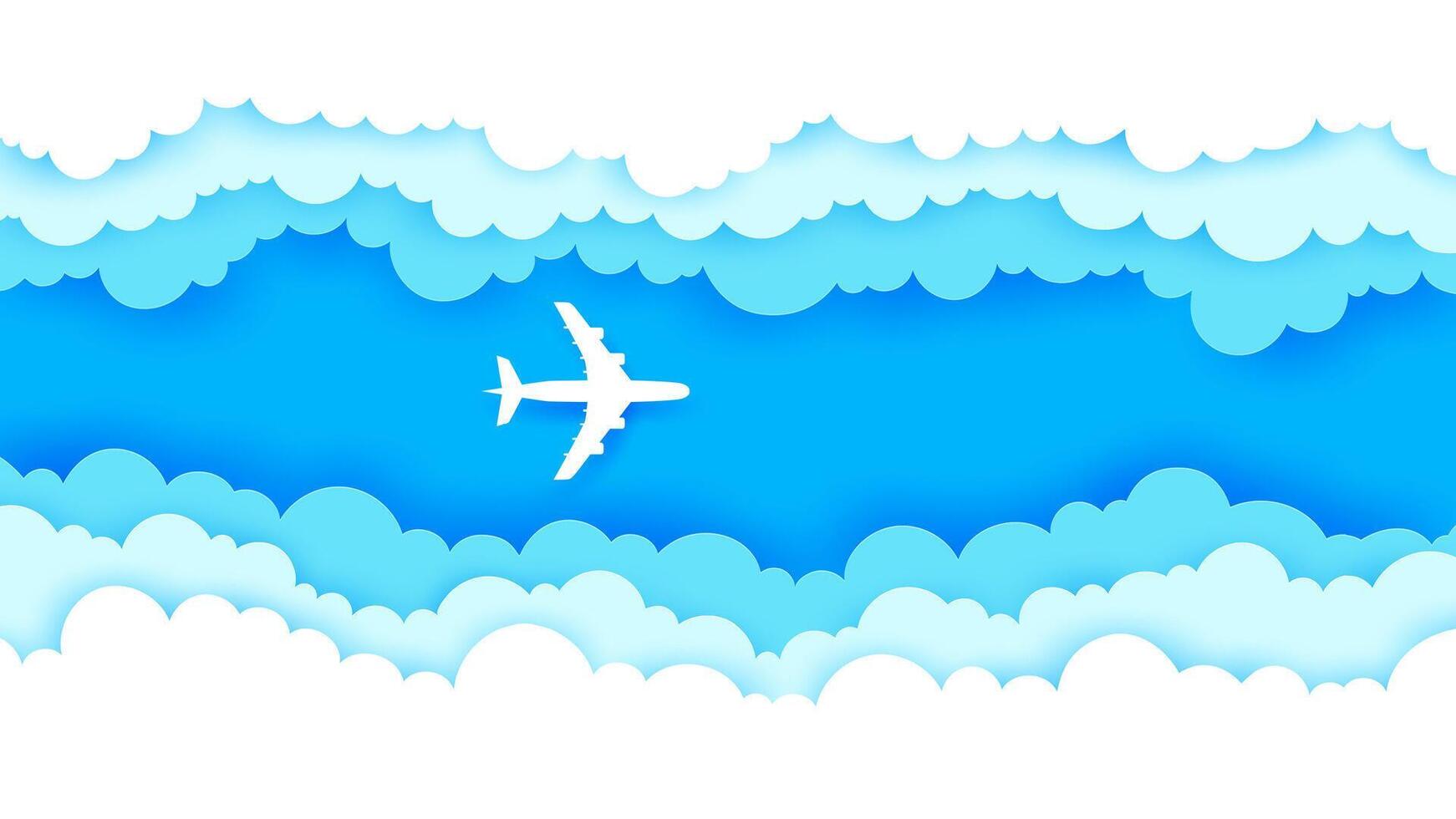Paper cut airplane in sky surrounded by clouds vector