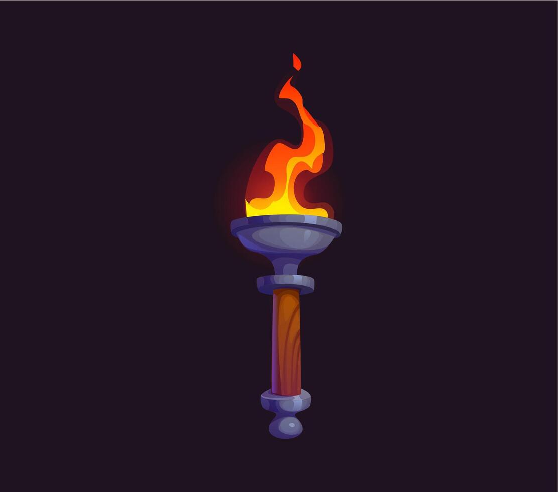 Game medieval fire torch, cartoon burning brand. vector