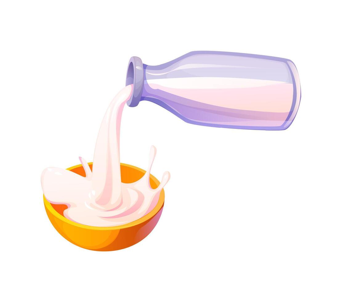 Milk pouring from a transparent bottle into a bowl vector