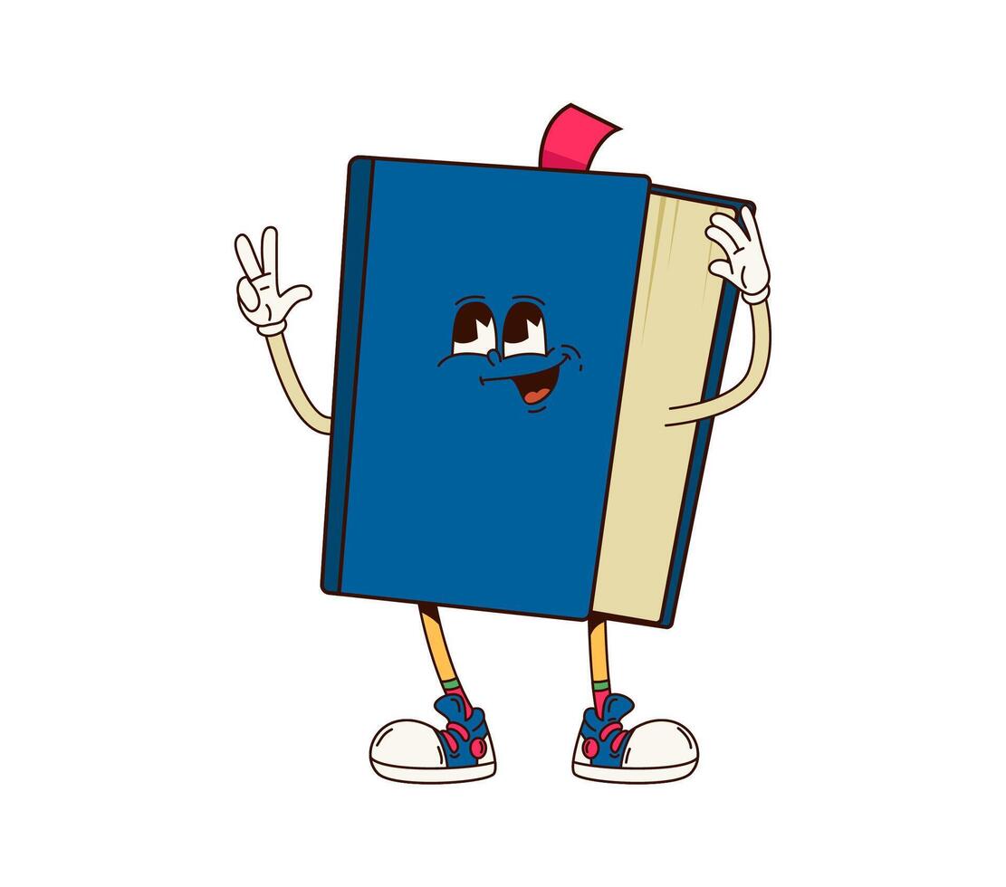 Book groovy retro character with blue cover vector