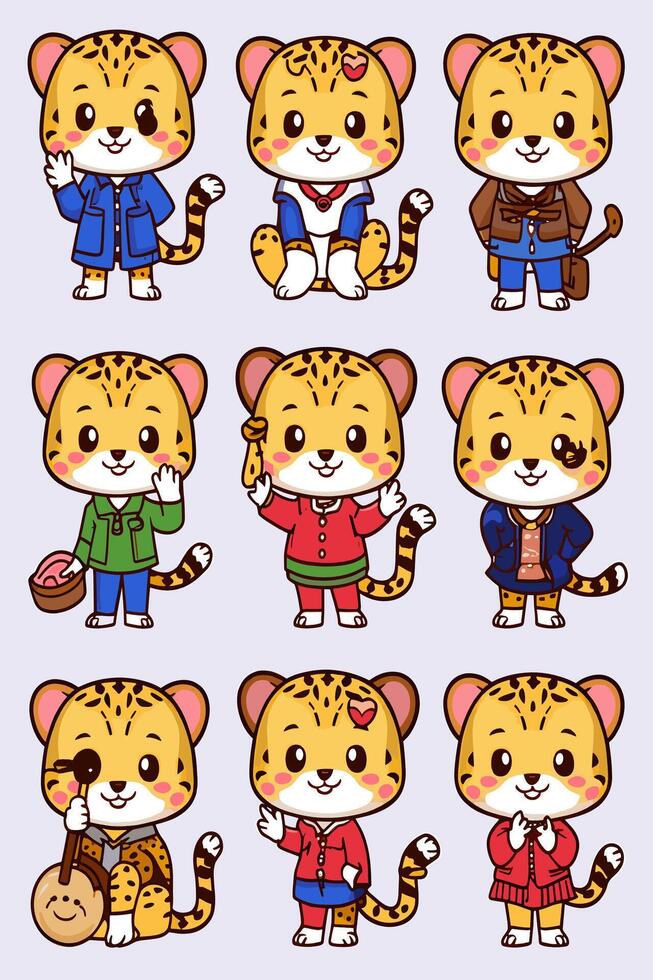 A set of cartoon leopard characters in different poses vector