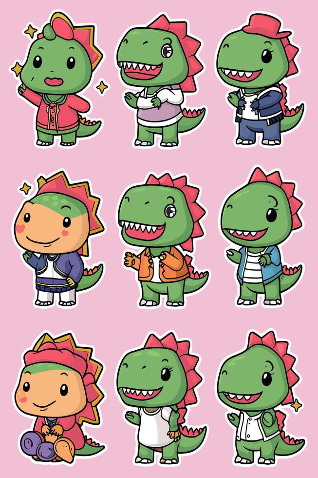 A set of stickers of dinosaurs with different poses vector