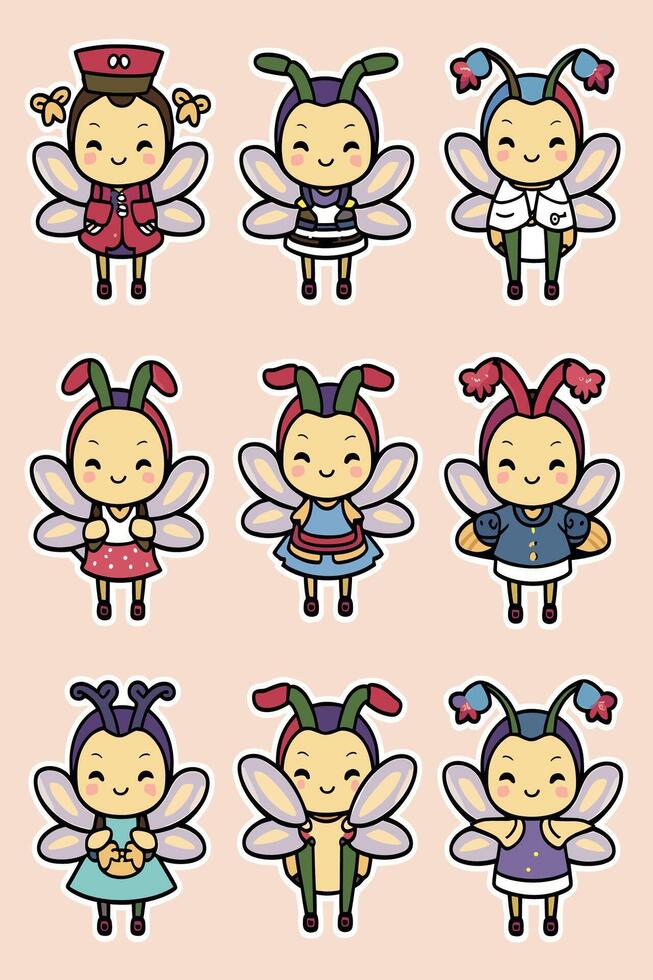 A set of cute cartoon insects with different colors vector