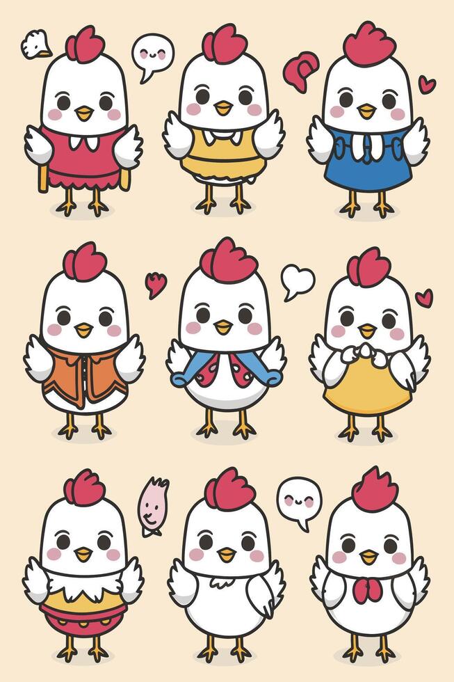 Cute chicken characters set of different poses vector