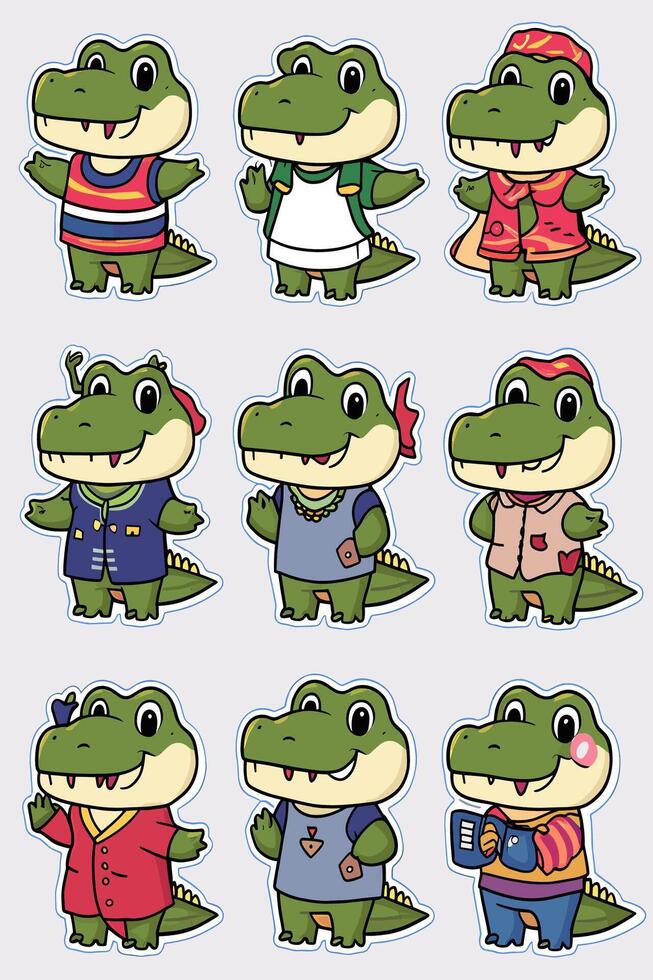 Cute alligator stickers set with different poses vector