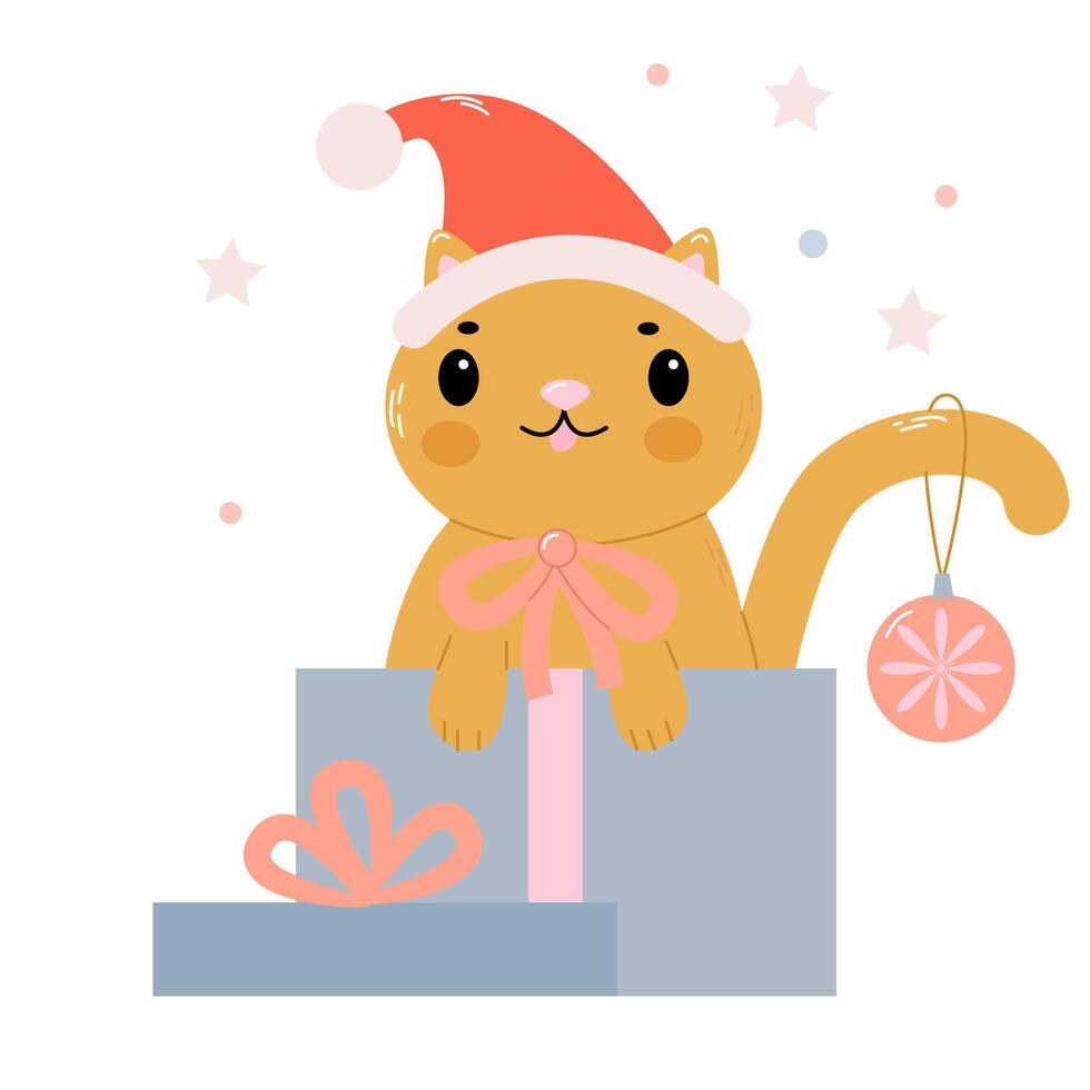 cute kitten sitting in a gift box wearing a Christmas red hat vector