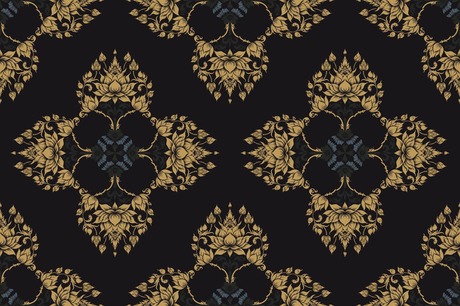 Traditional Thai Damask seamless pattern with floral elements on black background. Golden lotus pattern for fabric, wallpaper and textile. Luxury ethnic style. vector