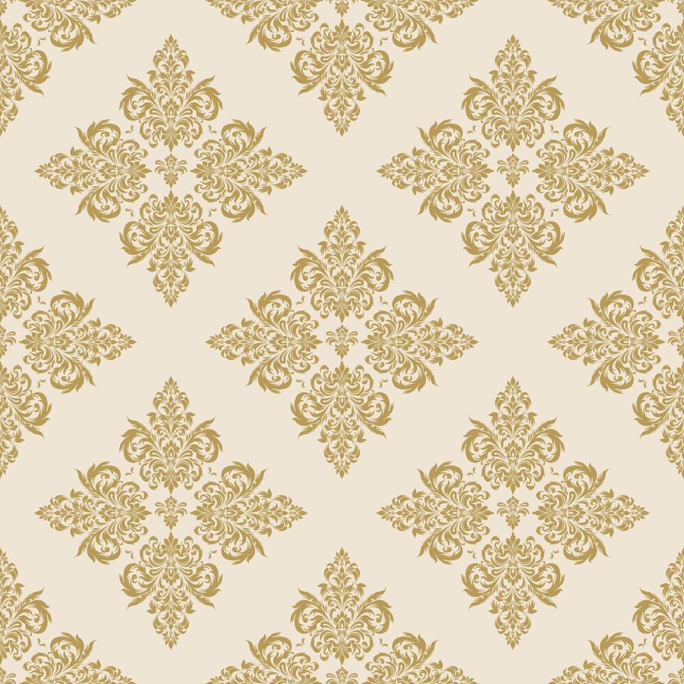 Seamless golden damask pattern on beige background. vector