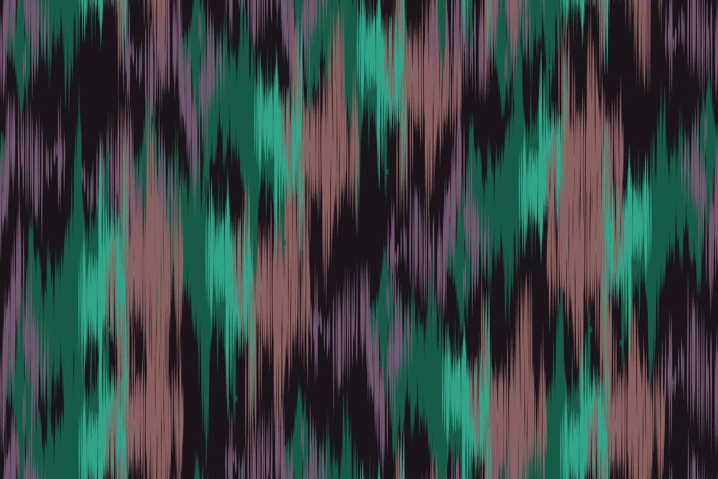 Vibrant Seamless Ikat Pattern in Green, Purple, and Brown Hues with Ethnic Tribal Abstract Design, Suitable for Textile Printing, Home Decor, Wallpaper, Fashion Fabrics, and Traditional Crafts vector