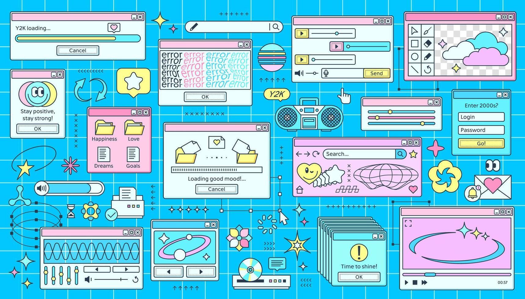 Y2k computer pc windows, retro page interface vector