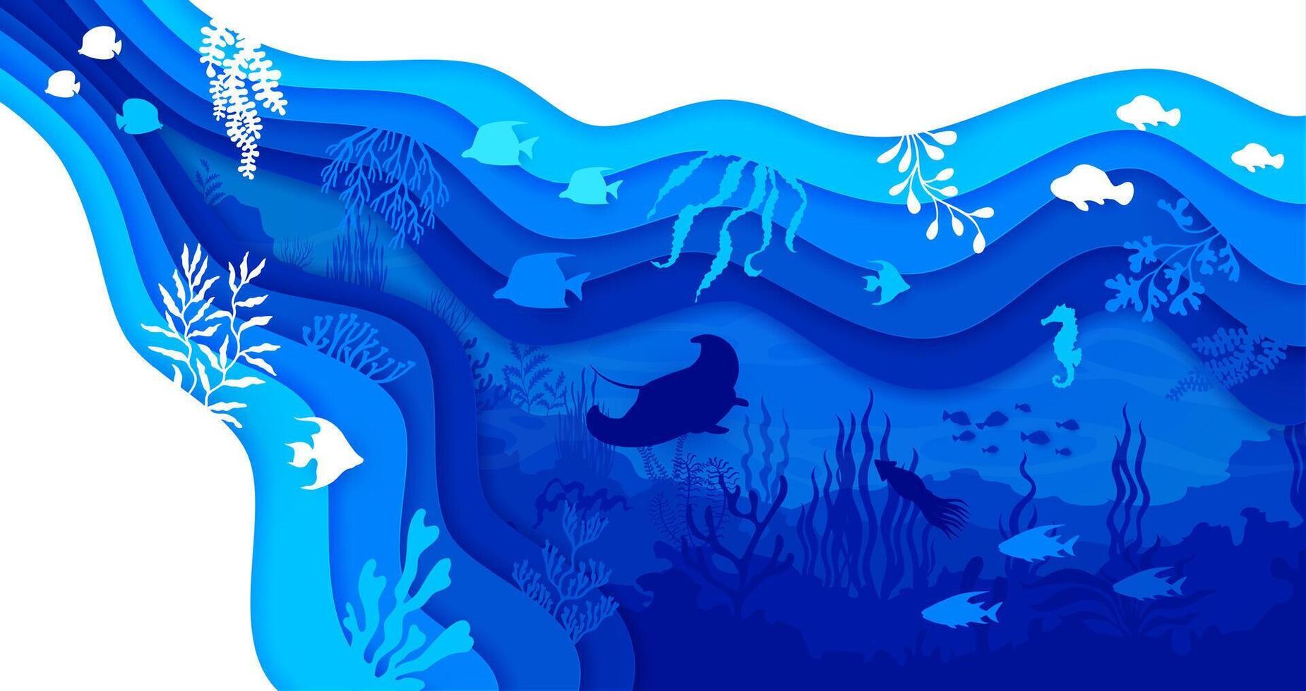 Underwater paper cut landscape, depth marine life vector