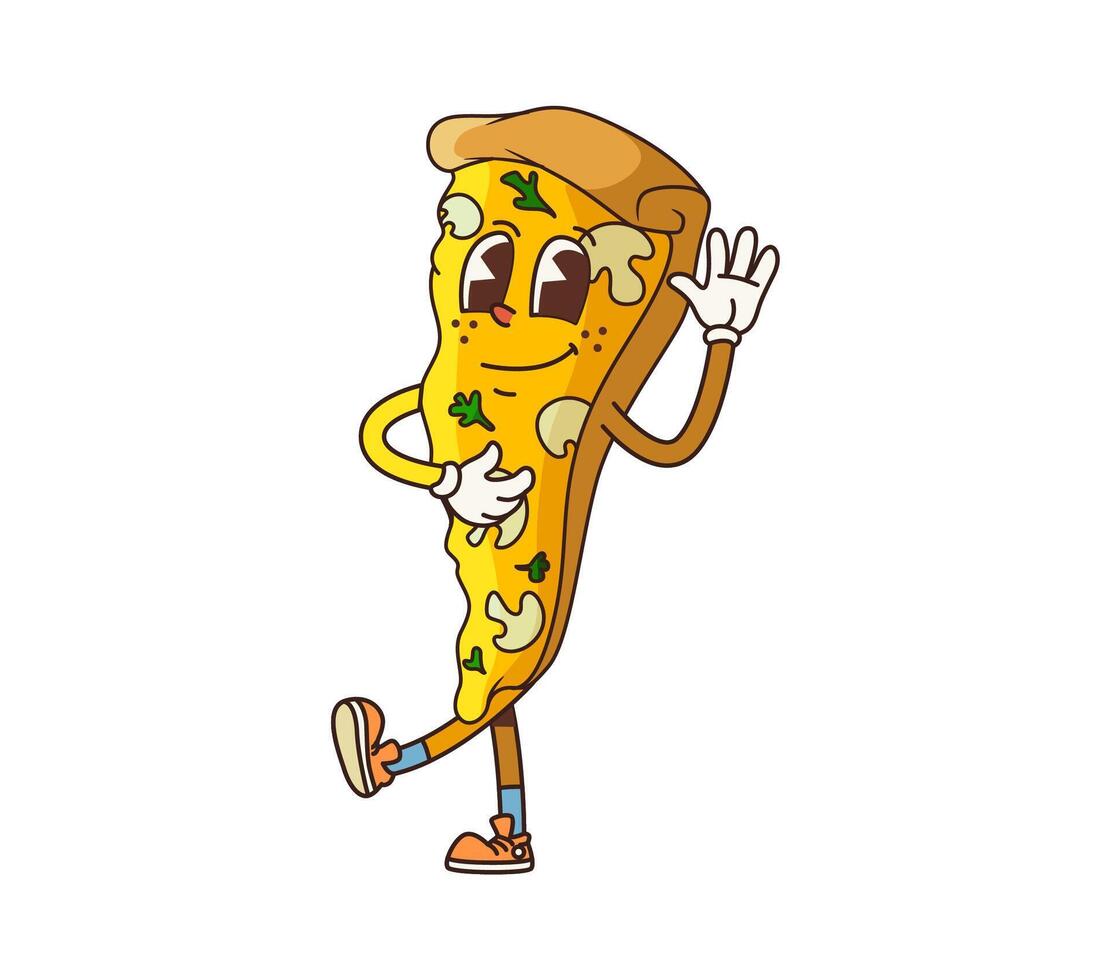 Groovy fast food pizza slice cartoon character vector