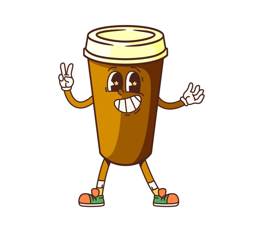 Retro groovy fast food coffee cheerful character vector
