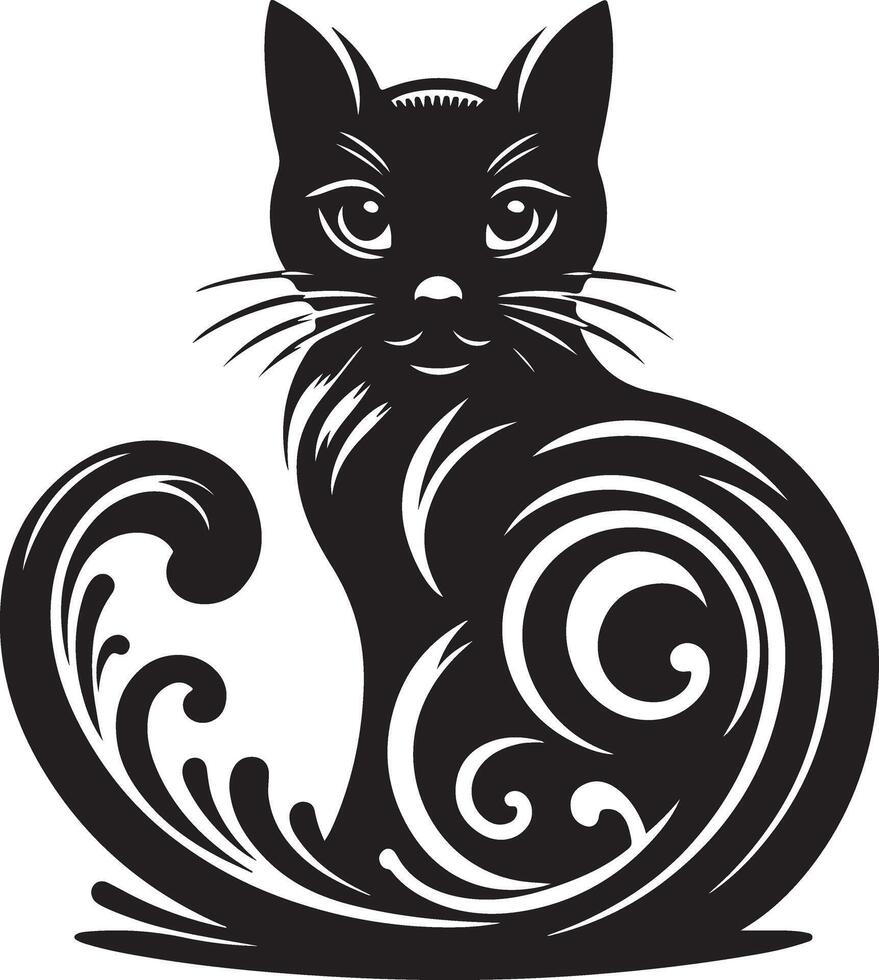 Cat Sitting in Moonlight Design, Simple Cat Outline for Embroidery Patterns, Charming Cat vector