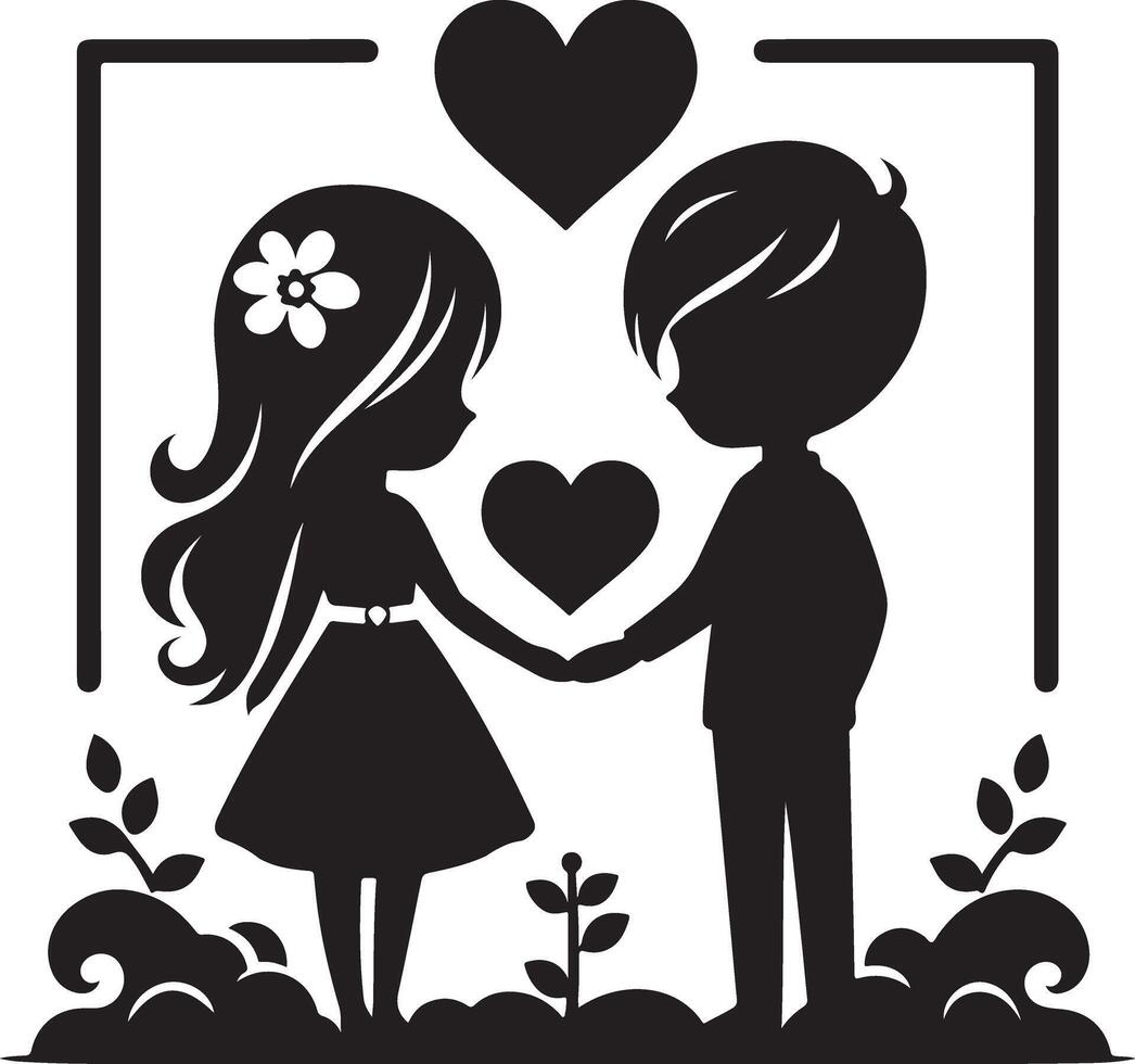 Black and White Silhouette of Couple Standing Under the Moonlight vector