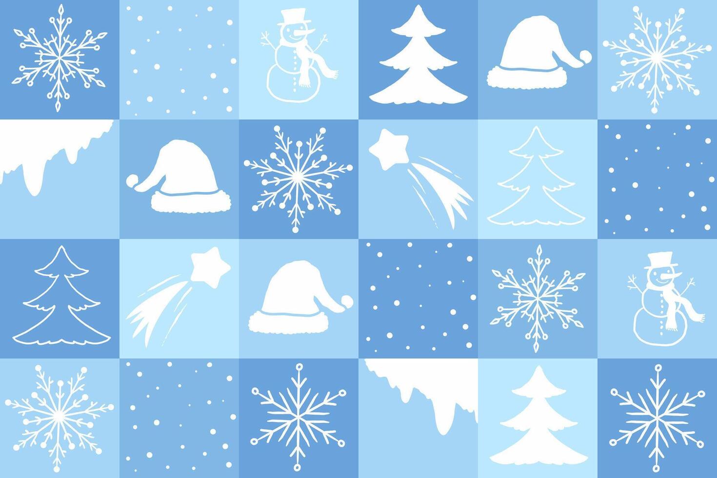 Winter geometrical background with beautiful snowflakes, Santa hat and Christmas tree. Icy background, creative design. vector