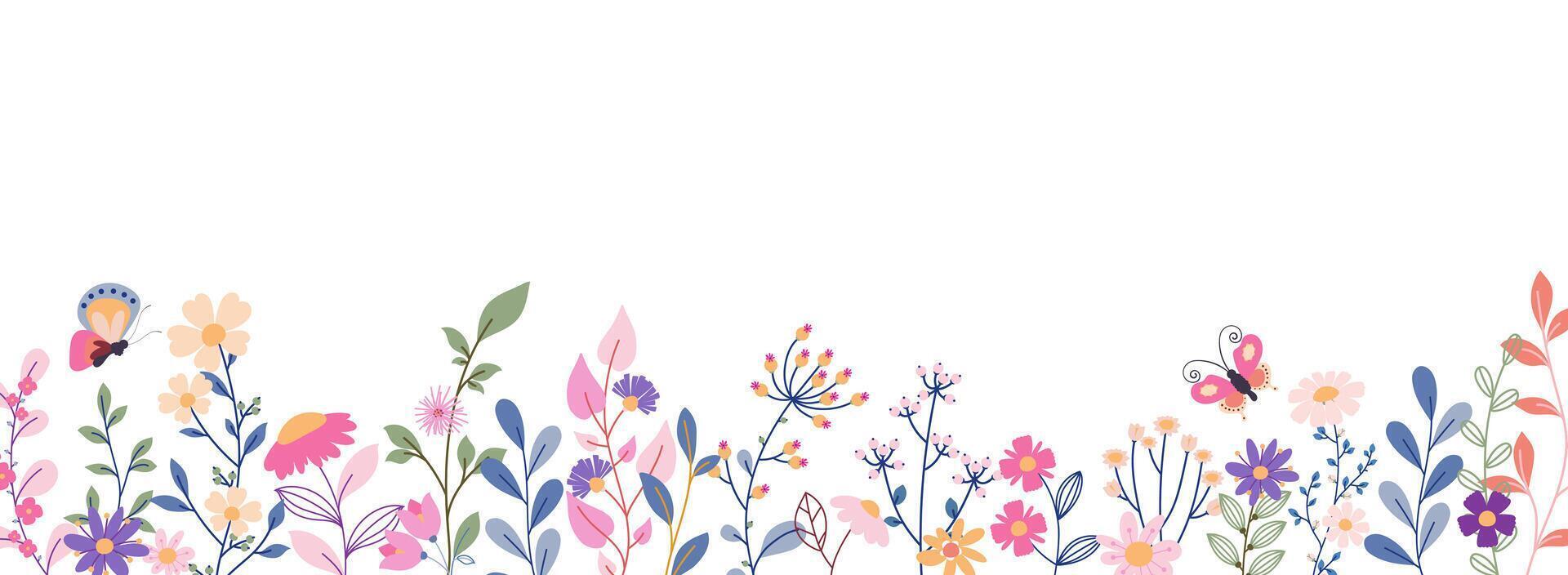 Floral banner decorated with multicolored wild flowers and leaves. vector