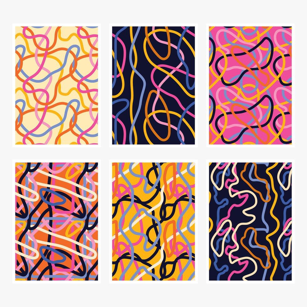Collection of cards with abstract noodle backgrounds with vibrant wavy lines. Creative playful geometric art. Colorful spaghetti and ramen designs. vector