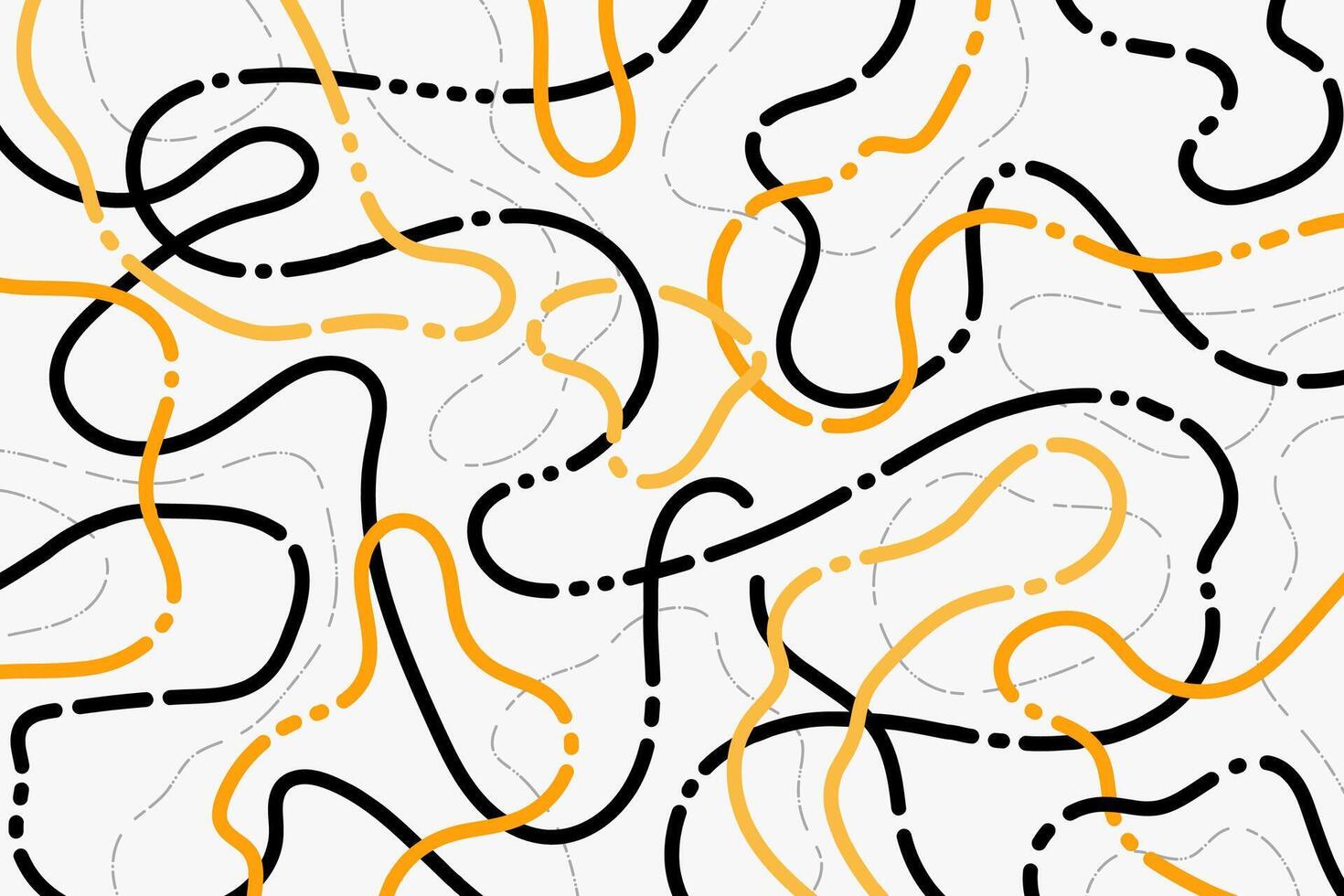 Abstract spaghetti background in black and yellow colors with wavy noodle lines. Colorful background with curvy lines. vector