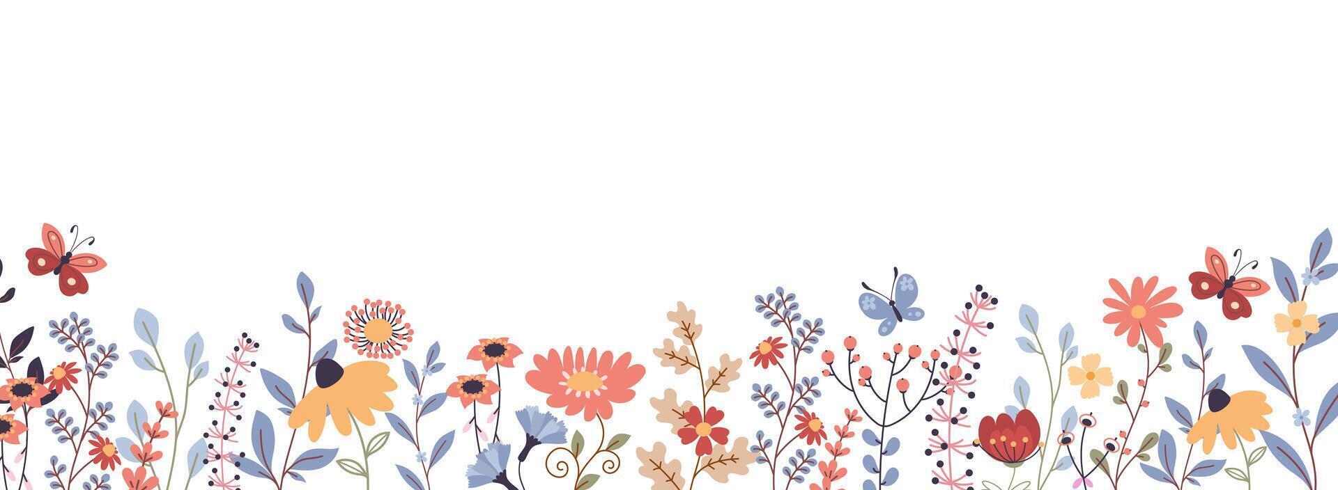 Hand-drawn floral banner with multicolored wildflowers and leaves. Beautiful flower design on a white background. vector