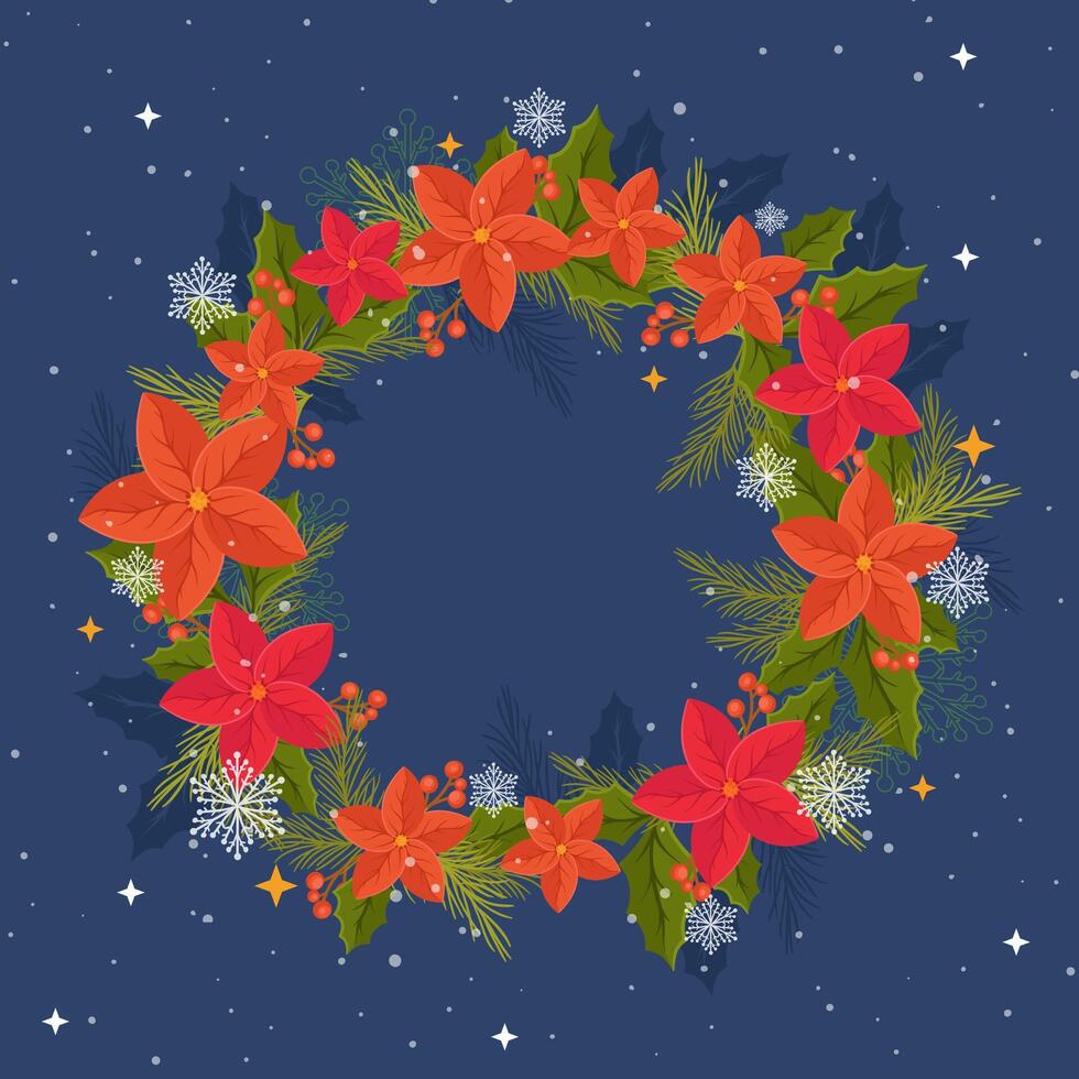 Christmas wreath with flowers and leaves. Snowflakes and snow falling. Cute frame for cards, invitations for holidays. Cartoon and flat design. vector