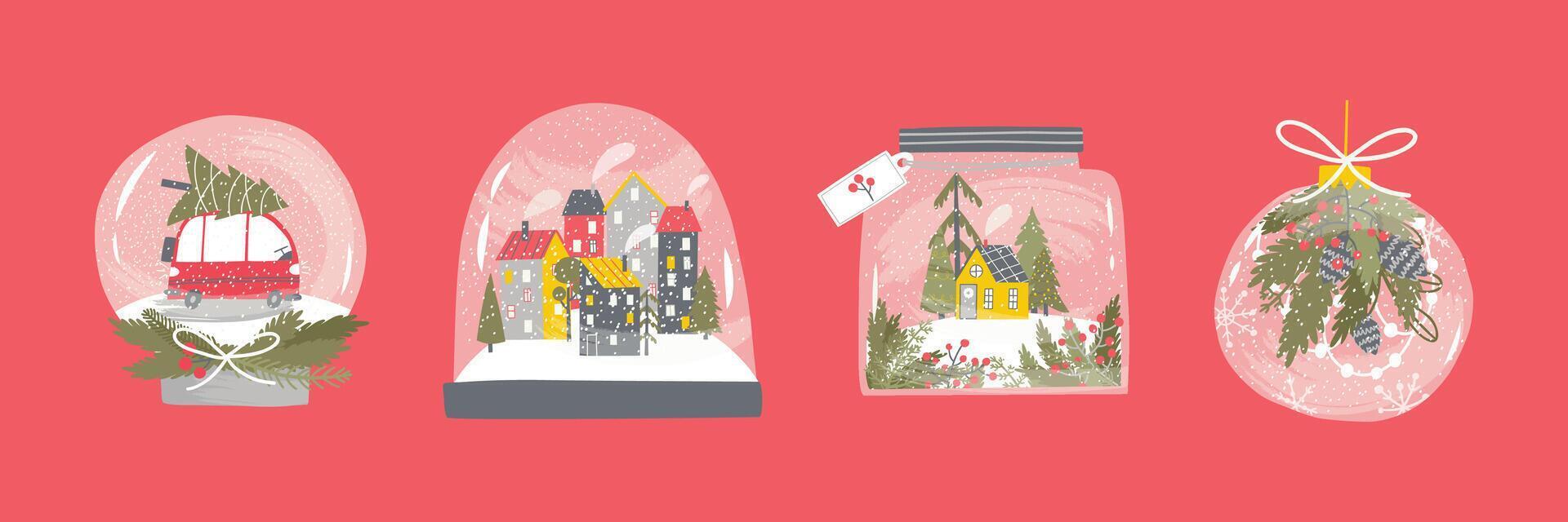 Set with snow globes in flat style. Winter, holidays, Christmas. Hand drawn illustration. vector