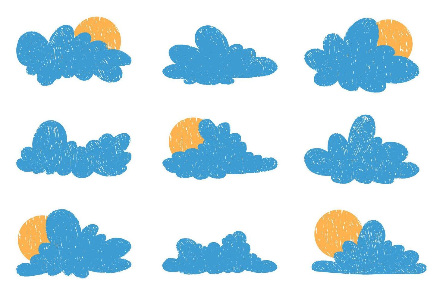 Clouds in hand drawn style with grunge effect. Pencil drawings of clouds. Abstract cartoon and fluffy cloud icons. vector