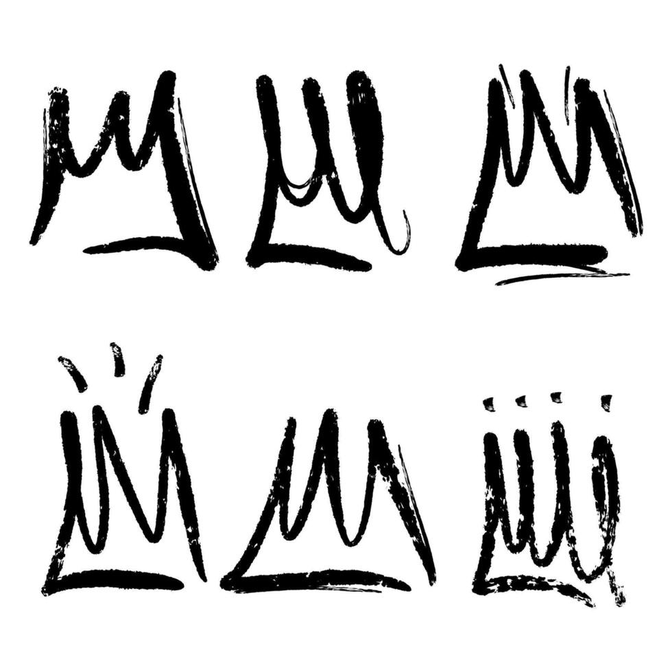 Collection of grunge crowns with grunge texture. Black crowns drawn with spray and in graffiti style isolated on a black background. vector