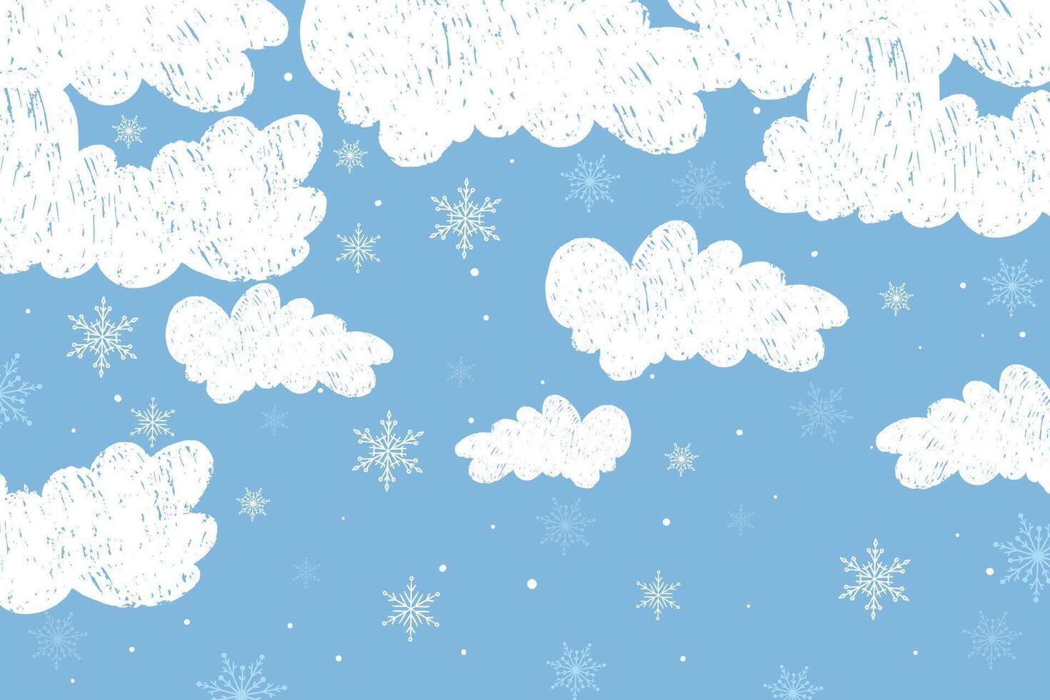 Hand drawn clouds on a blue background with snowflakes. White fluffy clouds in crayon. Grunge design. Winter day. vector