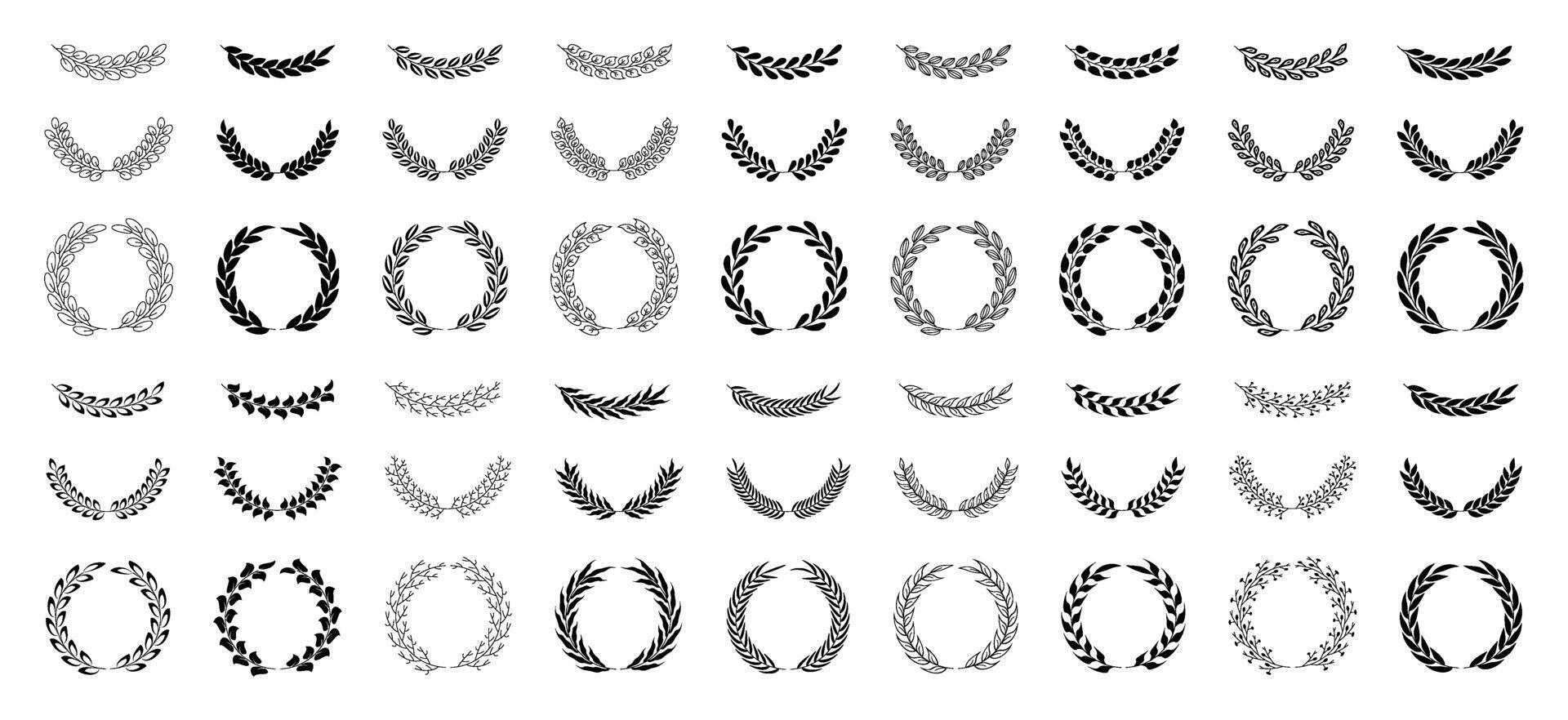Circular laurel foliate icon set on transparent background. Award laurel wreath and branches with leaves. Silhouette flat style chaplet emblems. Leaves victory frame. Floral branch border. vector