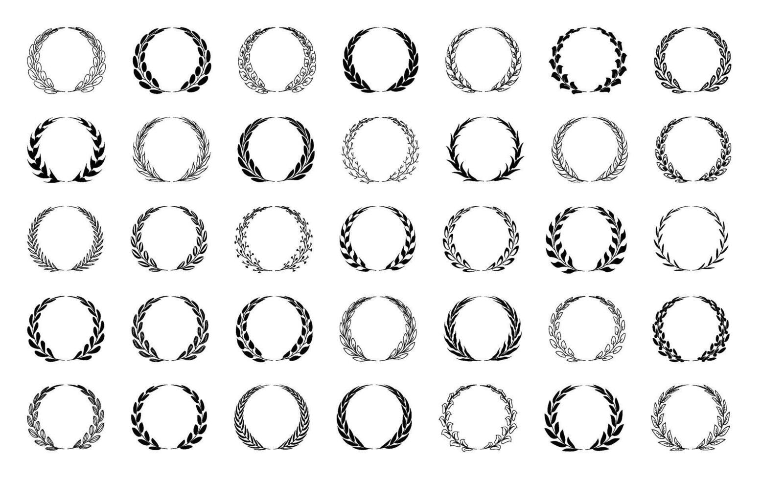 Set black laurel wreath round frame icon silhouette on transparent background. Awards, winner, trophy, branches, foliate or leaves circle badge. Vintage decorative elements for medals, achievement vector