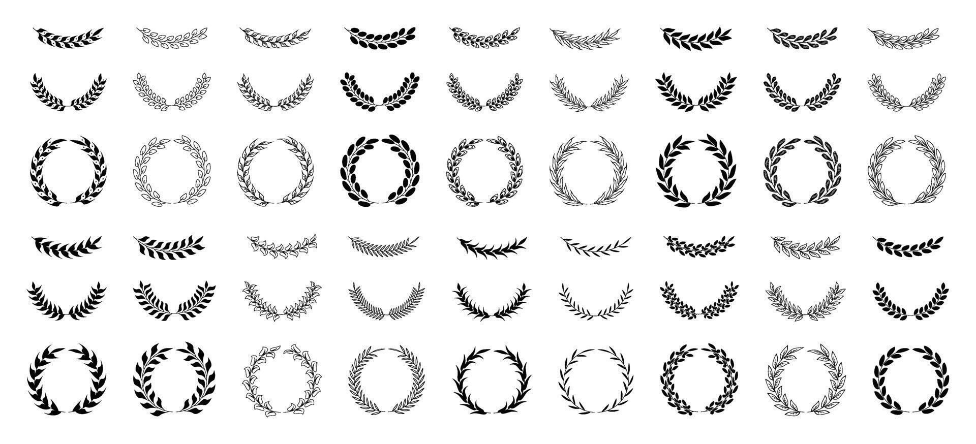 Circular laurel foliate icon set isolated on transparent background. Laurel crown and wreath, olive leaf branch set, award and winner icon, emblem of victory, sport heraldry symbol. Vintage elements vector