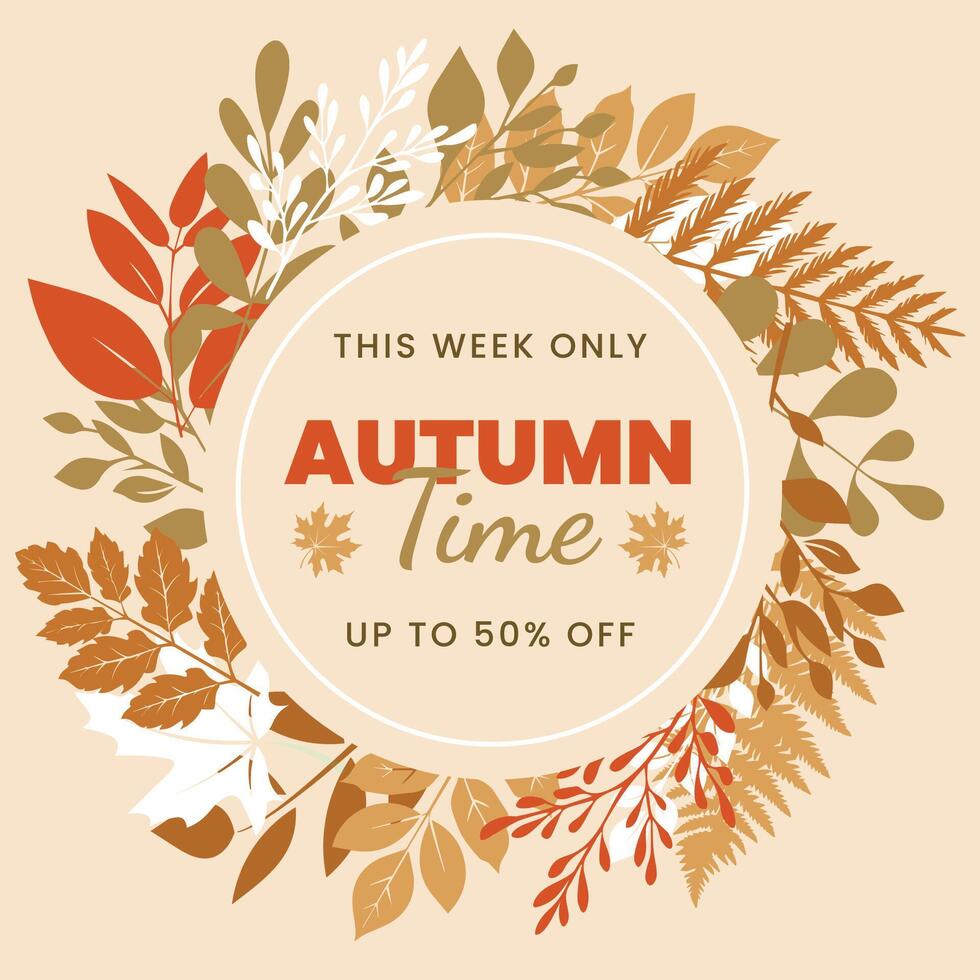 Square social media autumn banner with sale lettering, warm vintage colors on beige background. Minimal wreath of dried fallen autumn leaves. Background autumn sale, seasons banner, poster flyer cover vector