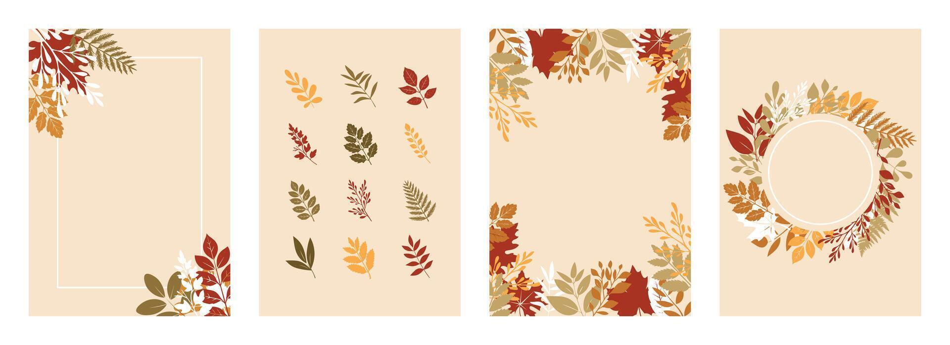 Autumn vertical banners with failing dry colorful leaves on beige backgrounds with empty copy space. Social media post, web advertisement, greeting card. Autumn season special offer vertical promotion vector