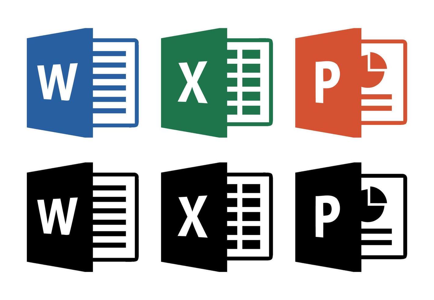 Microsoft 365 Office icon set. Word, Excel, PowerPoint. Color and black version isolated on transparent background. Flat style editorial logo. Microsoft windows products icon vector