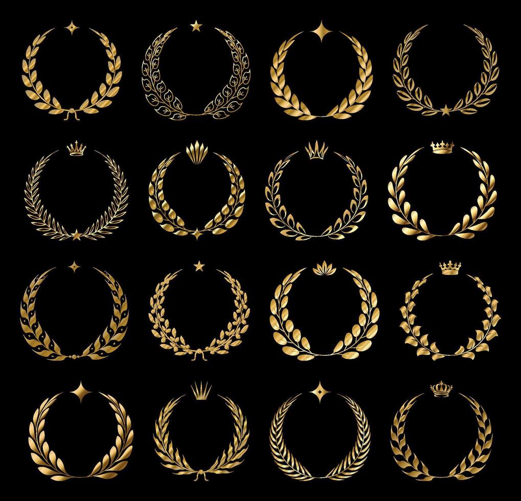 Golden sale frame badge and label with crowns and stars set on black background. Gold laurel wreaths. Awards logotype with stars Isolated elegant abstract gold emblem. Luxurious congratulating frames vector