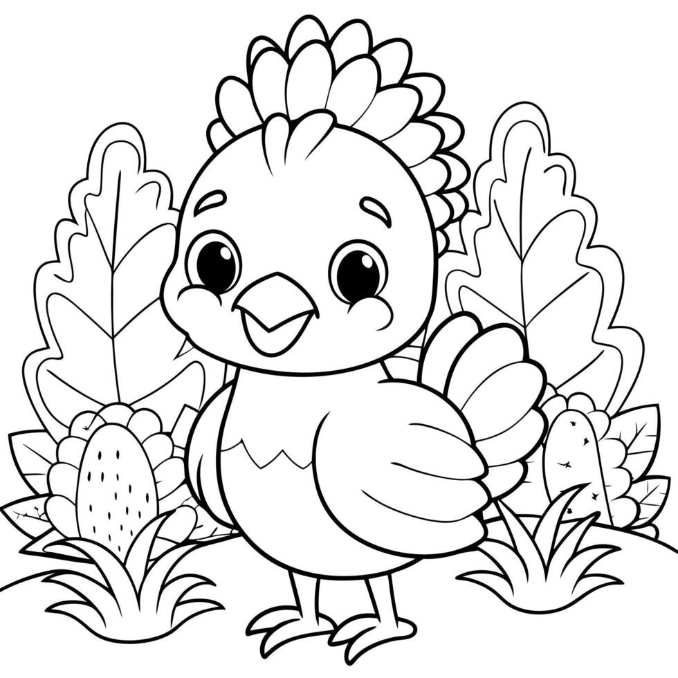 chibi cute kawaii happy baby turkey sitting in the forest, coloring pages for kids, cozy coloring vector