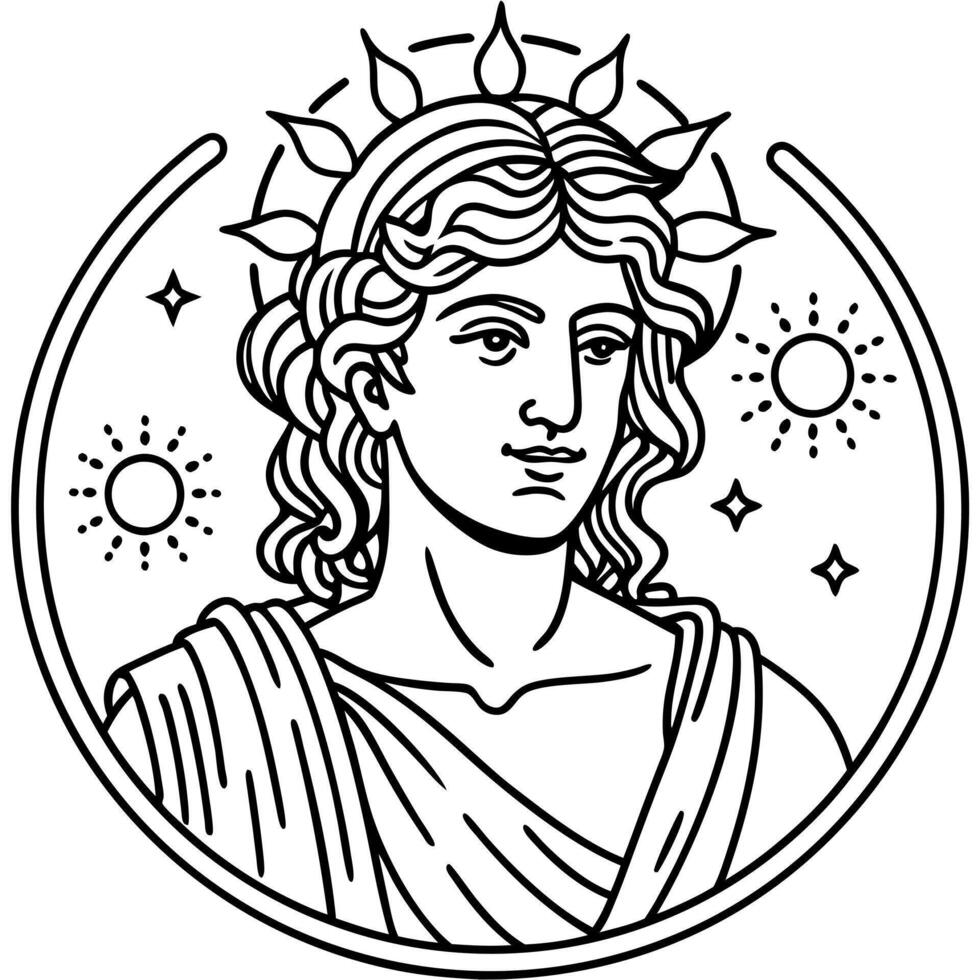 apollo god of the sun, music, poetry, prophecy, and healing, illustration line art vector