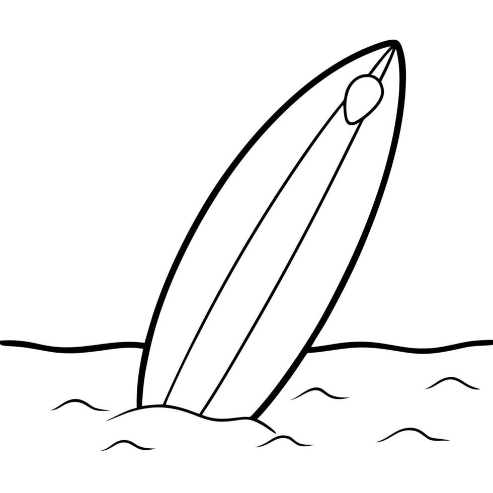 surfboard stuck in the sand, illustration line art vector