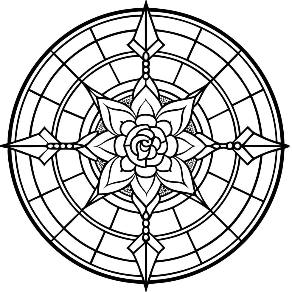 detalled stained glass rose window, arrow, illustration line art vector