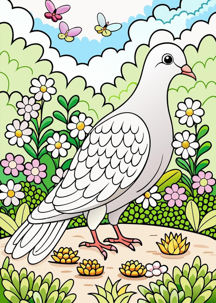 dove in a garden, coloring page for kids, illustration line art vector