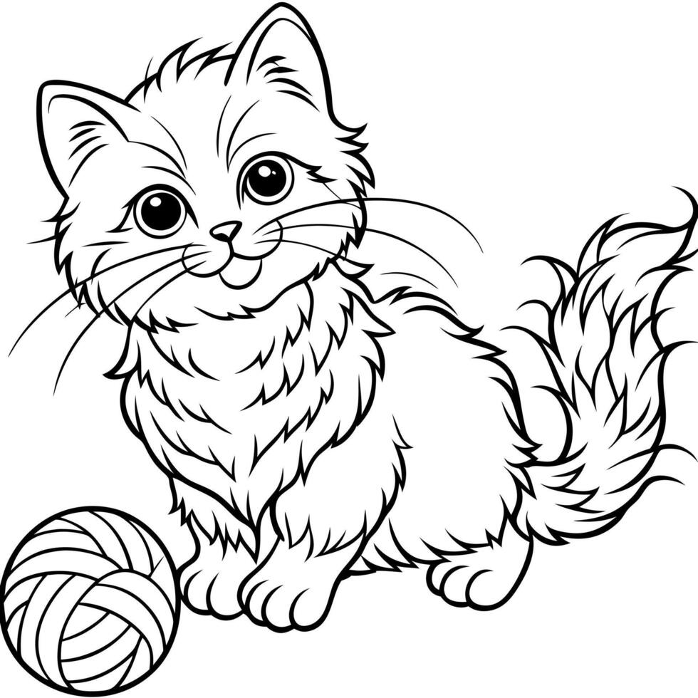 animal, cat, cute style, realistic, persian - playing with a ball of yarn, illustration line vector