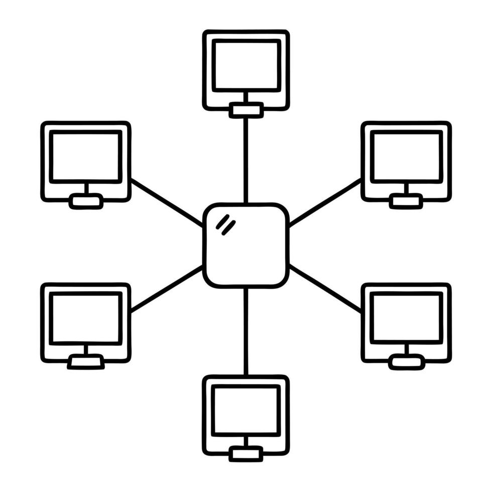 a simple diagram showing five computers connected by lines, with each computer displaying the same vector