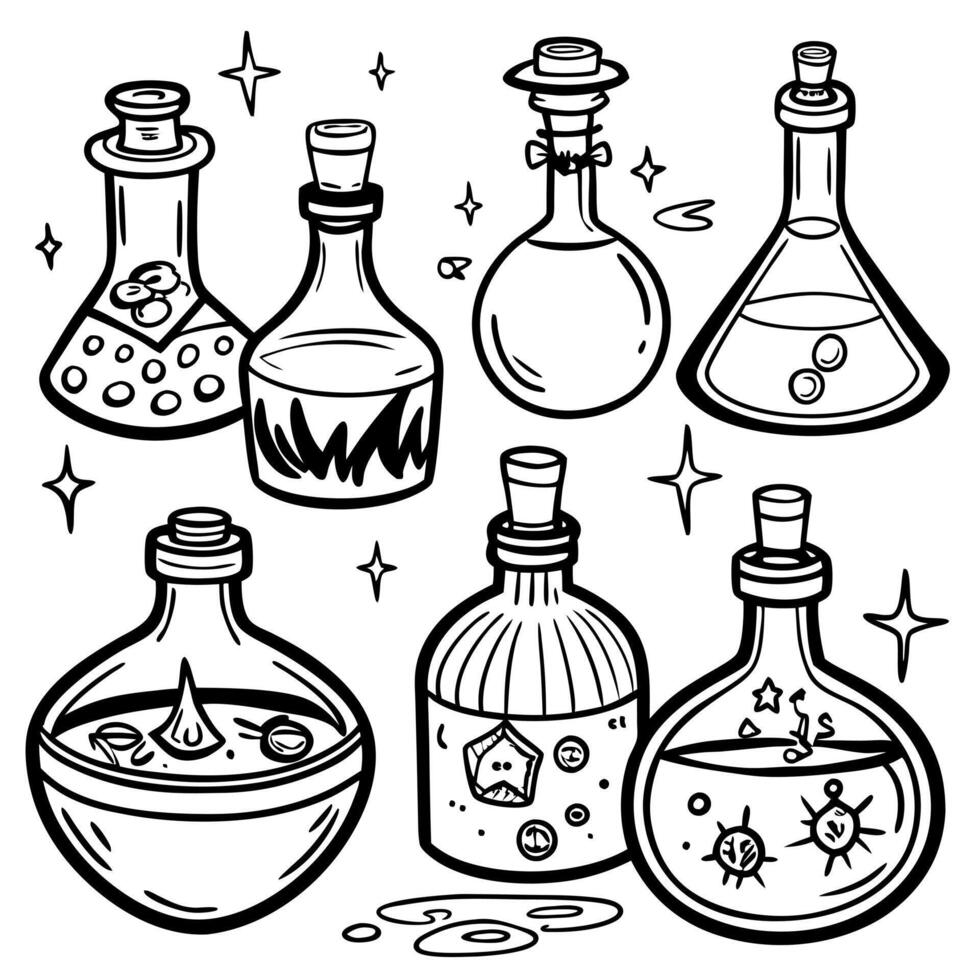 a collection of mysterious potion bottles, each labeled with a different spell, illustration vector