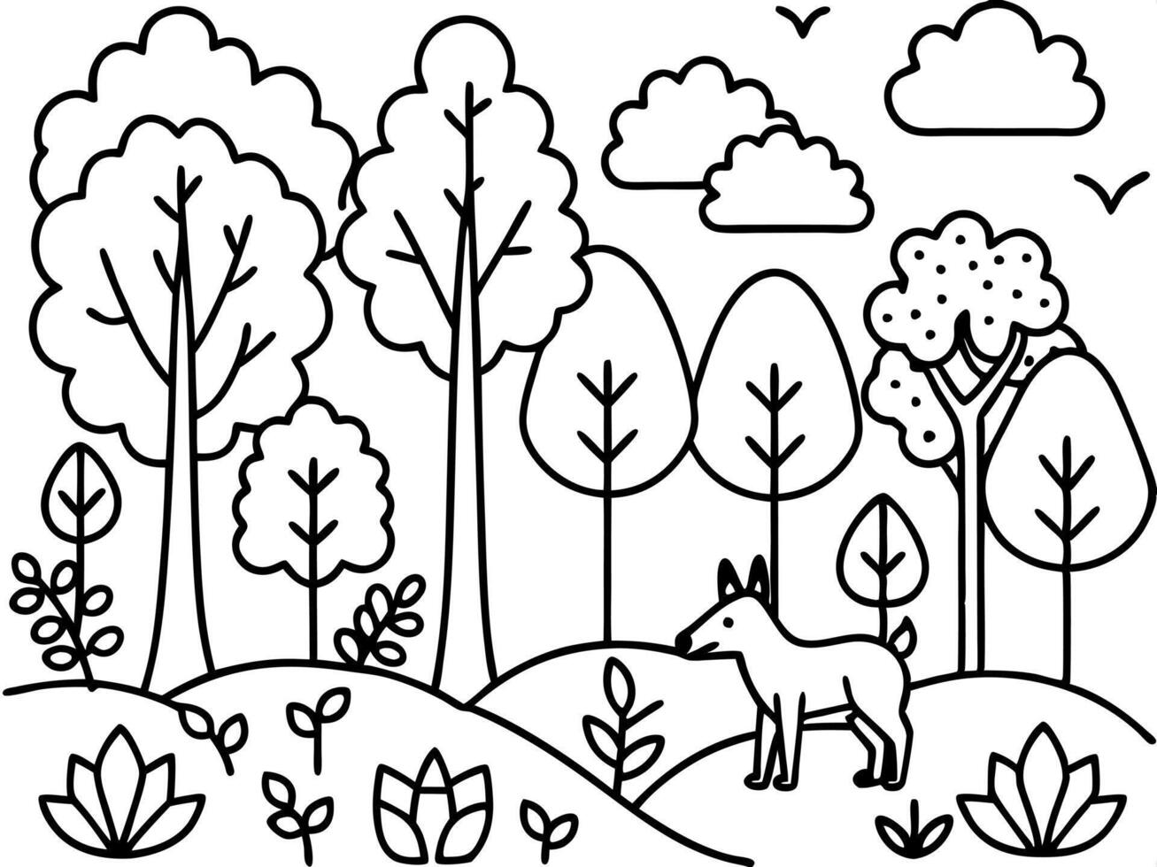 woodland in autumn with trees shrubs and animals, illustration line art vector