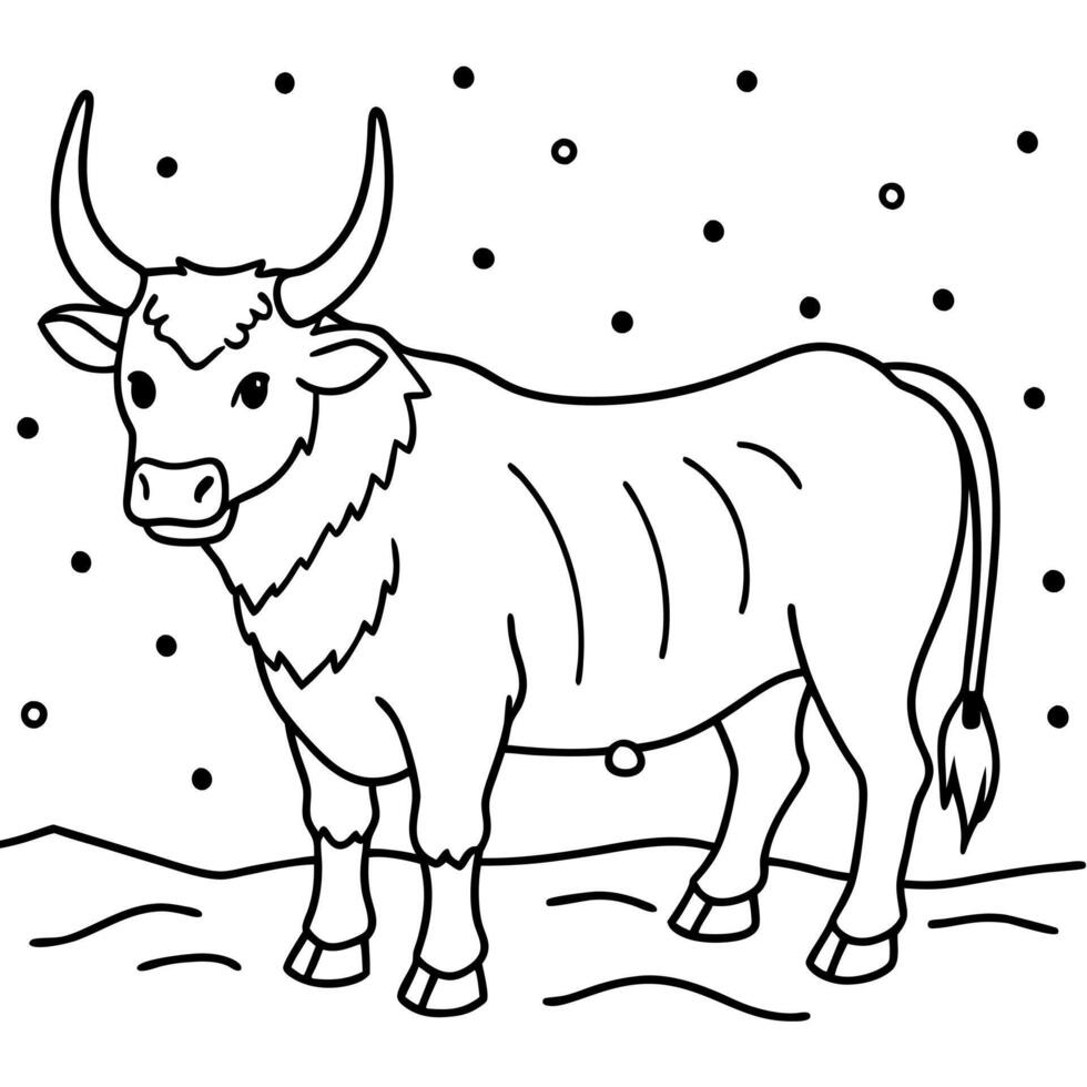 brown cow or yak in snow, illustration line art vector