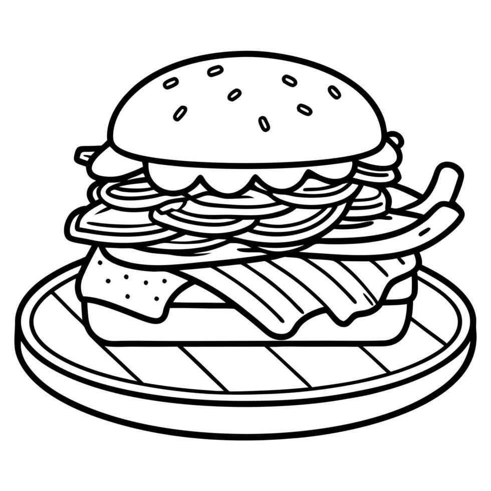 gourmet beef burger with bacon and fries on wooden platter - perfect for menus, posters, and food vector