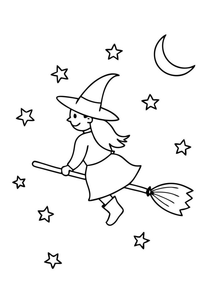 a witch flying on a broomstick through a starry night sky, illustration line art vector