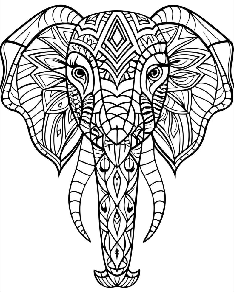 an intricate line art illustration of a elphant head filled with detailed patterns and geometric vector