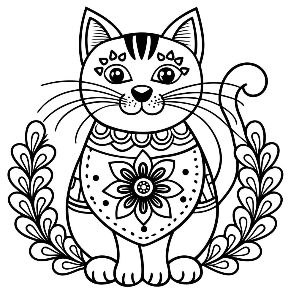 scandinavian folk art cat with floral design, illustration line art vector